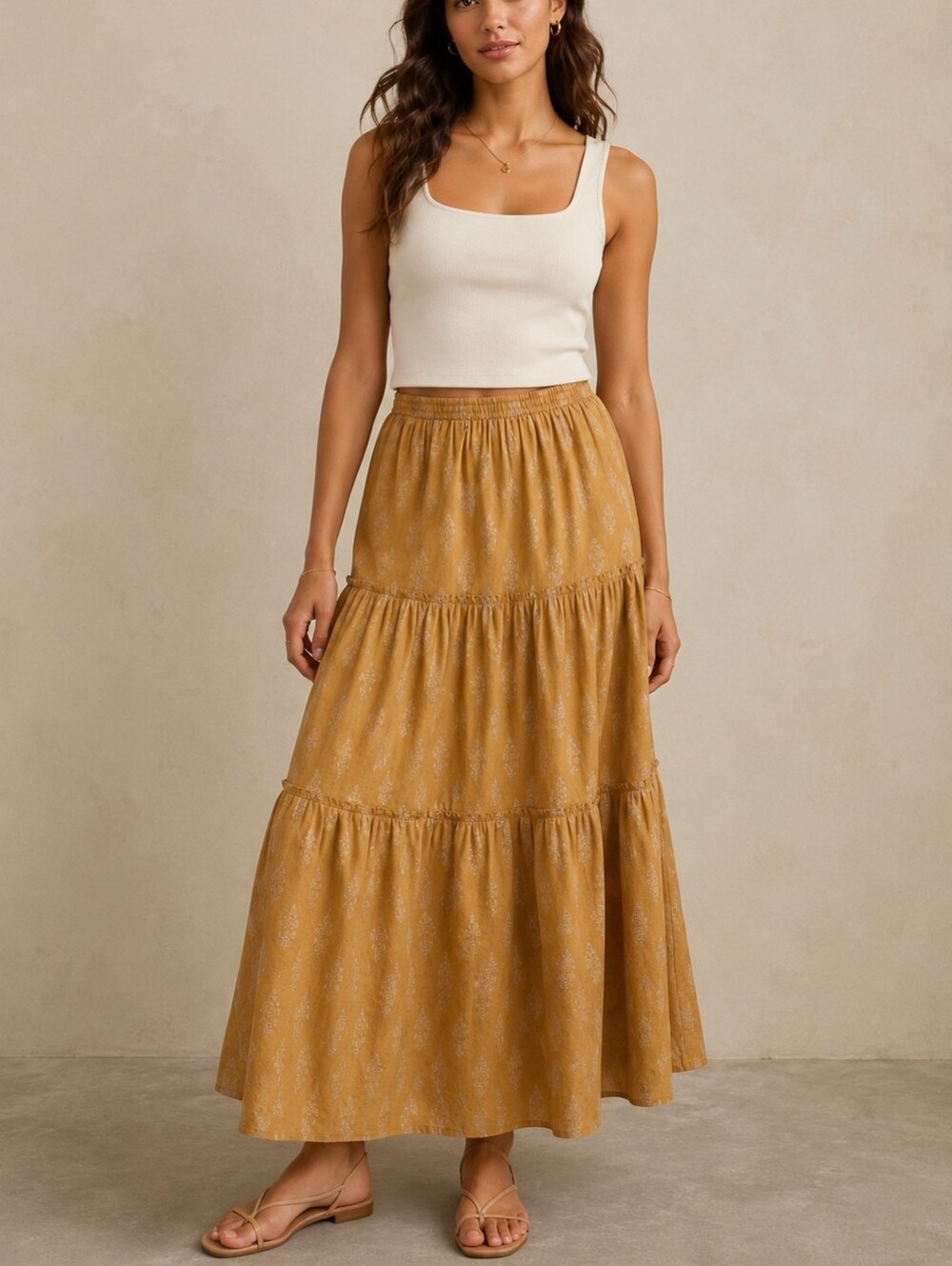 April Cornell Gold Mustard Tiered Maxi Skirt XS Rayon Boho Cottagecore, Prairie